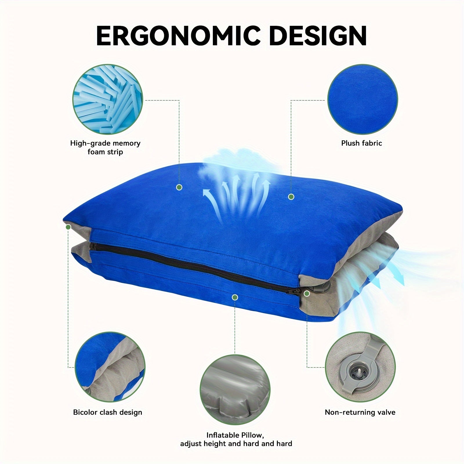 Inflatable Camping Pillow with Memory Foam and Washable Cover Camping Gear and Travel Pillow for Airplanes, Camping