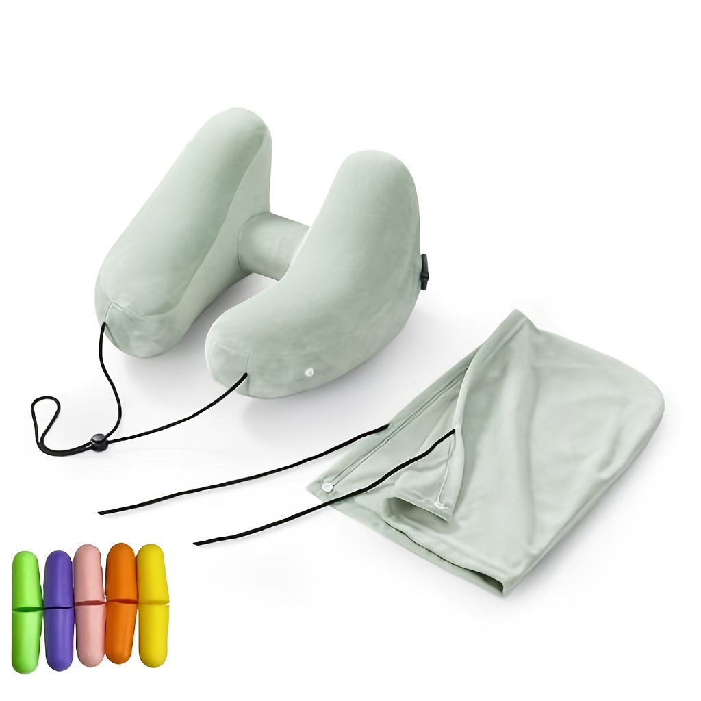 Autumn And Winter Travel And Holiday Gifts H-Type Inflatable Neck Pillow | Camping Tent Significant Other | Including Removable Cap + 5 Pairs of Earplugs Set | Car Plane Dual-Purpose | High-Density Crystal Velvet Fabric | Light