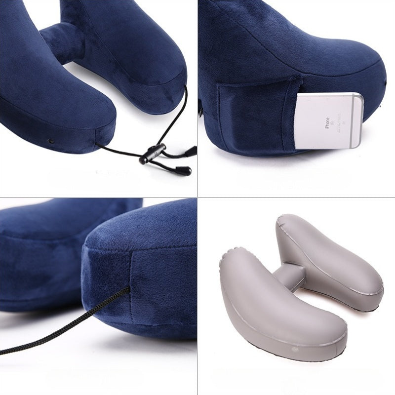 Travel Cervical Pillow - Inflatable Airplane Type Cervical Pillow for Comfortable Head, Neck And Jaw Support with Soft Flocking Cover And Convenient Drawstring Bag (Black)