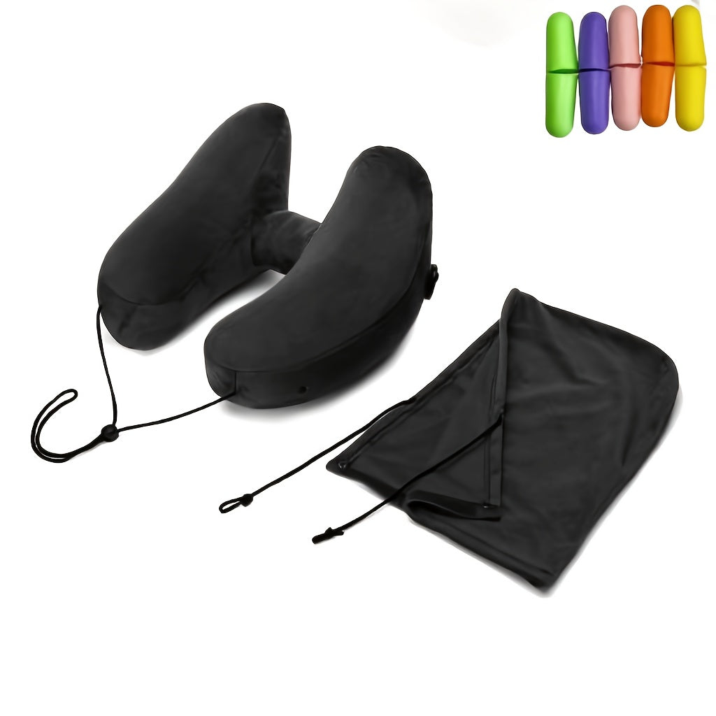 Autumn And Winter Travel And Holiday Gifts H-Type Inflatable Neck Pillow | Camping Tent Significant Other | Including Removable Cap + 5 Pairs of Earplugs Set | Car Plane Dual-Purpose | High-Density Crystal Velvet Fabric | Light