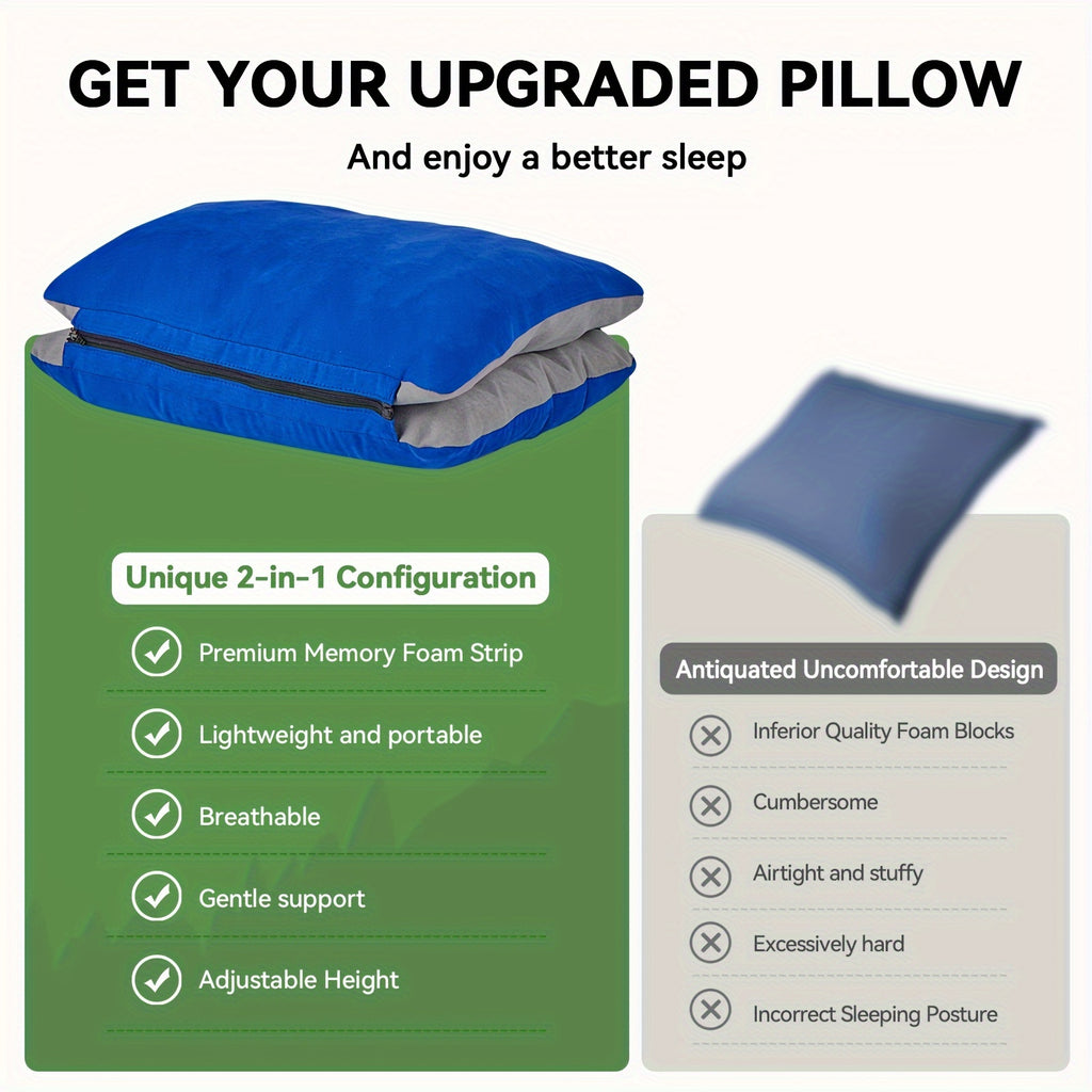Inflatable Camping Pillow with Memory Foam and Washable Cover Camping Gear and Travel Pillow for Airplanes, Camping
