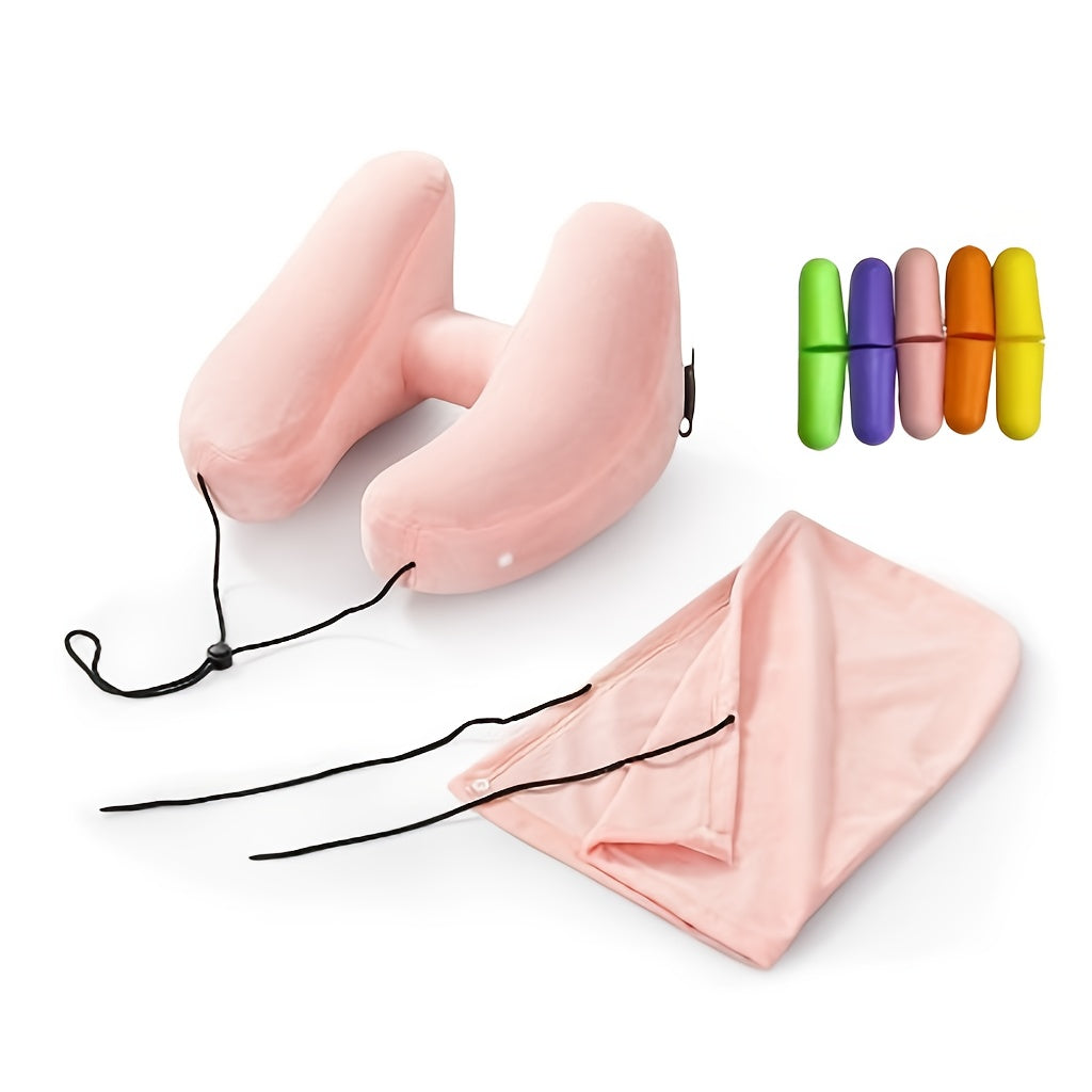 Autumn And Winter Travel And Holiday Gifts H-Type Inflatable Neck Pillow | Camping Tent Significant Other | Including Removable Cap + 5 Pairs of Earplugs Set | Car Plane Dual-Purpose | High-Density Crystal Velvet Fabric | Light