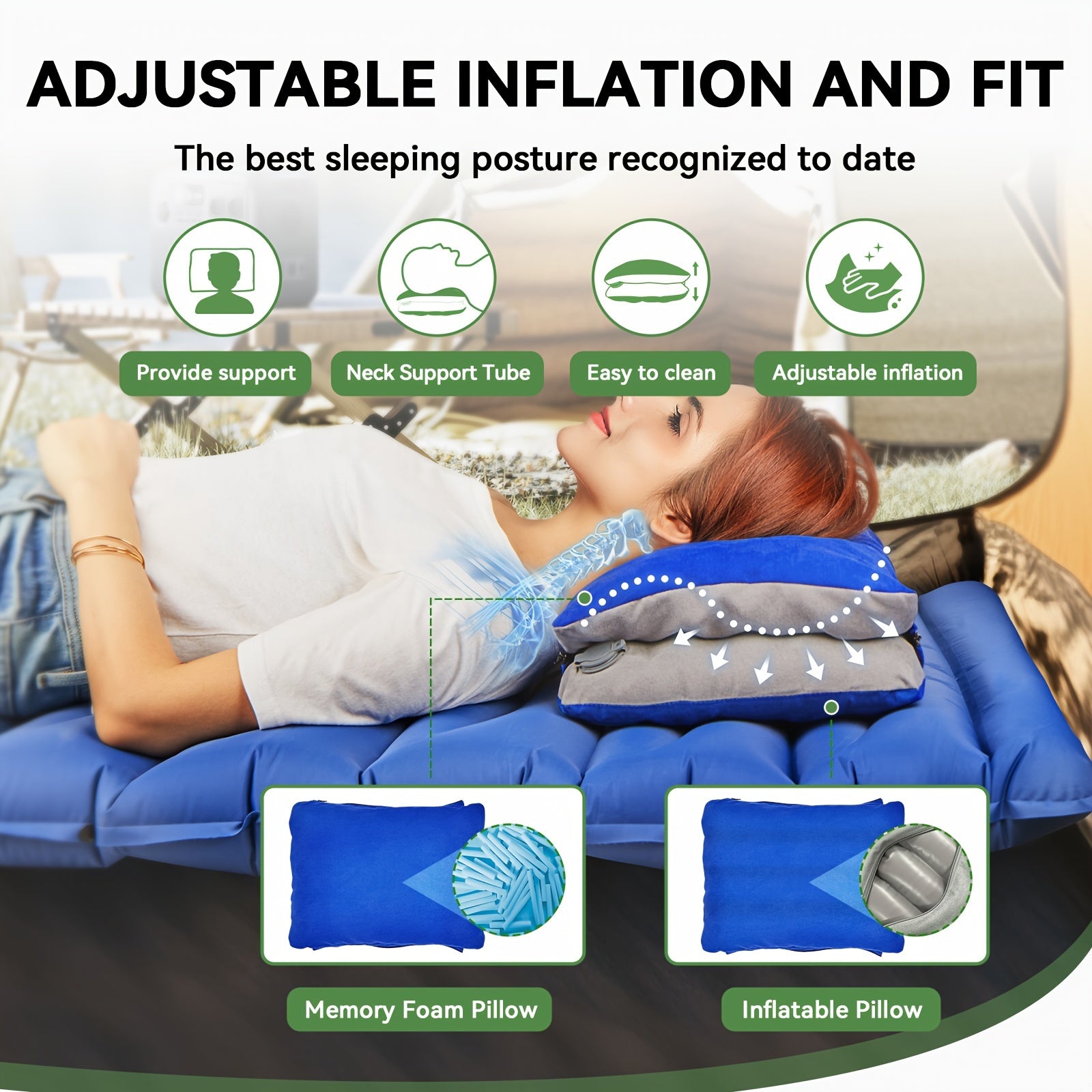 Inflatable Camping Pillow with Memory Foam and Washable Cover Camping Gear and Travel Pillow for Airplanes, Camping