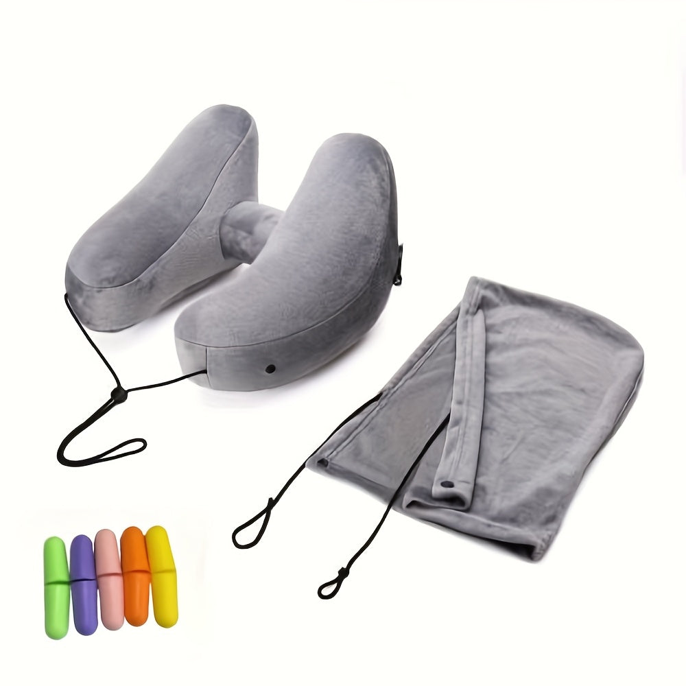 Autumn And Winter Travel And Holiday Gifts H-Type Inflatable Neck Pillow | Camping Tent Significant Other | Including Removable Cap + 5 Pairs of Earplugs Set | Car Plane Dual-Purpose | High-Density Crystal Velvet Fabric | Light