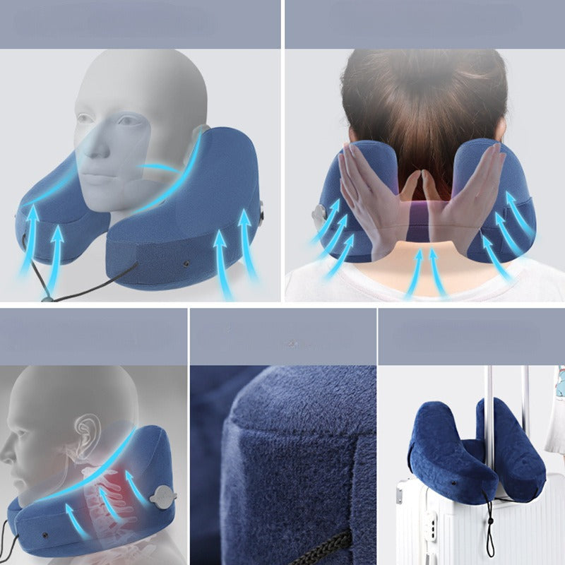 Travel Cervical Pillow - Inflatable Airplane Type Cervical Pillow for Comfortable Head, Neck And Jaw Support with Soft Flocking Cover And Convenient Drawstring Bag (Black)