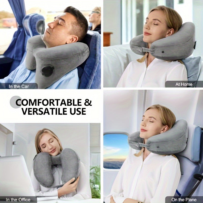 Travel Cervical Pillow - Inflatable Airplane Type Cervical Pillow for Comfortable Head, Neck And Jaw Support with Soft Flocking Cover And Convenient Drawstring Bag (Black)
