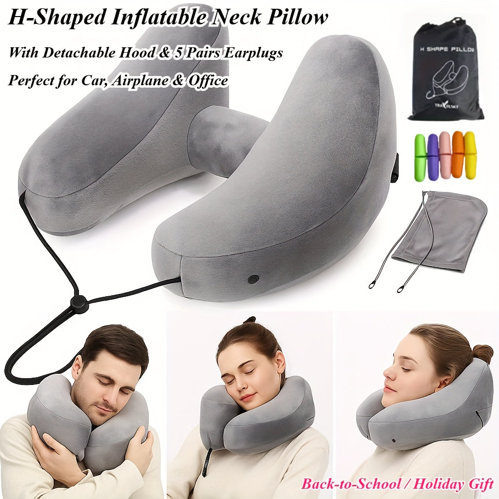 Autumn And Winter Travel And Holiday Gifts H-Type Inflatable Neck Pillow | Camping Tent Significant Other | Including Removable Cap + 5 Pairs of Earplugs Set | Car Plane Dual-Purpose | High-Density Crystal Velvet Fabric | Light