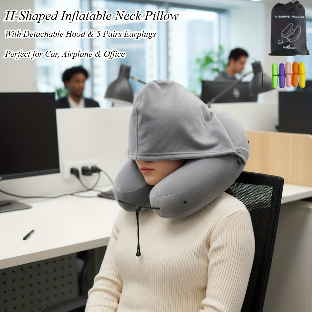 Autumn And Winter Travel And Holiday Gifts H-Type Inflatable Neck Pillow | Camping Tent Significant Other | Including Removable Cap + 5 Pairs of Earplugs Set | Car Plane Dual-Purpose | High-Density Crystal Velvet Fabric | Light