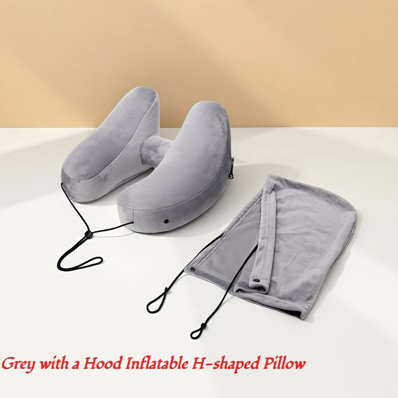 Autumn And Winter Travel And Holiday Gifts H-Type Inflatable Neck Pillow | Camping Tent Significant Other | Including Removable Cap + 5 Pairs of Earplugs Set | Car Plane Dual-Purpose | High-Density Crystal Velvet Fabric | Light