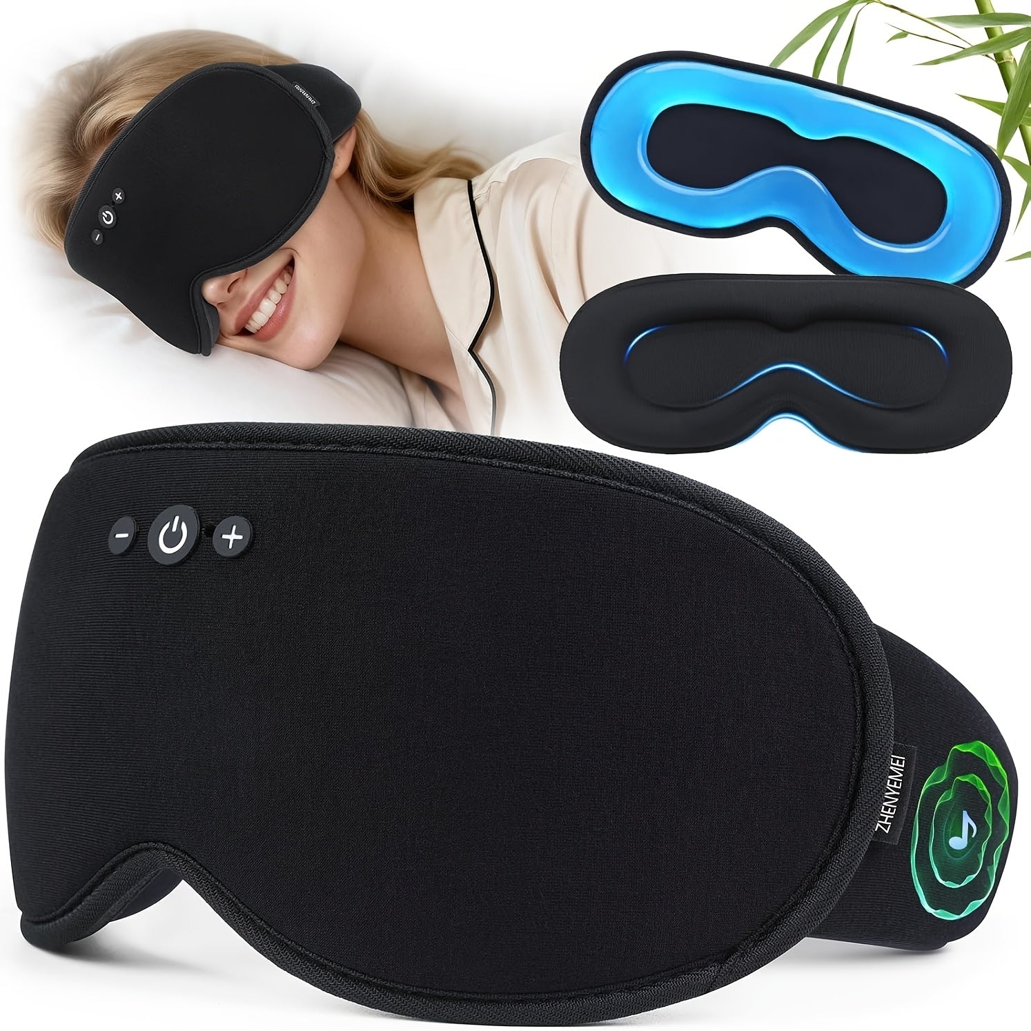 White Noise Bluetooth Sleep Mask Headphones with 3D Weighted Hot\u002FCold Relax Gel Eye Mask, Detachable Bamboo Cover. Set Includes Two 3D Detachable Eye Masks. Perfect Birthday Gift or Valentine's Day Present. Built-in 29 White Noise Options