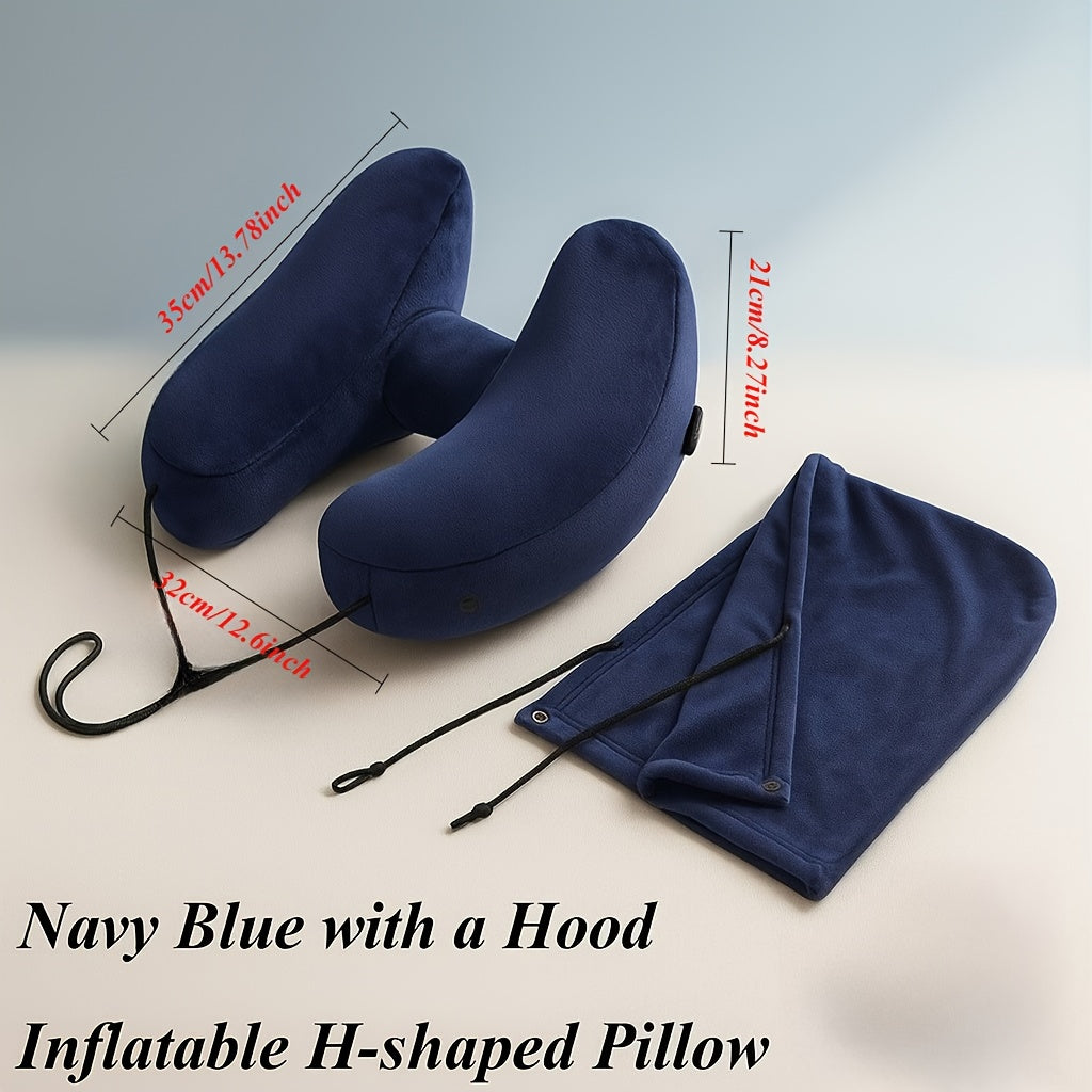 Autumn And Winter Travel And Holiday Gifts H-Type Inflatable Neck Pillow | Camping Tent Significant Other | Including Removable Cap + 5 Pairs of Earplugs Set | Car Plane Dual-Purpose | High-Density Crystal Velvet Fabric | Light